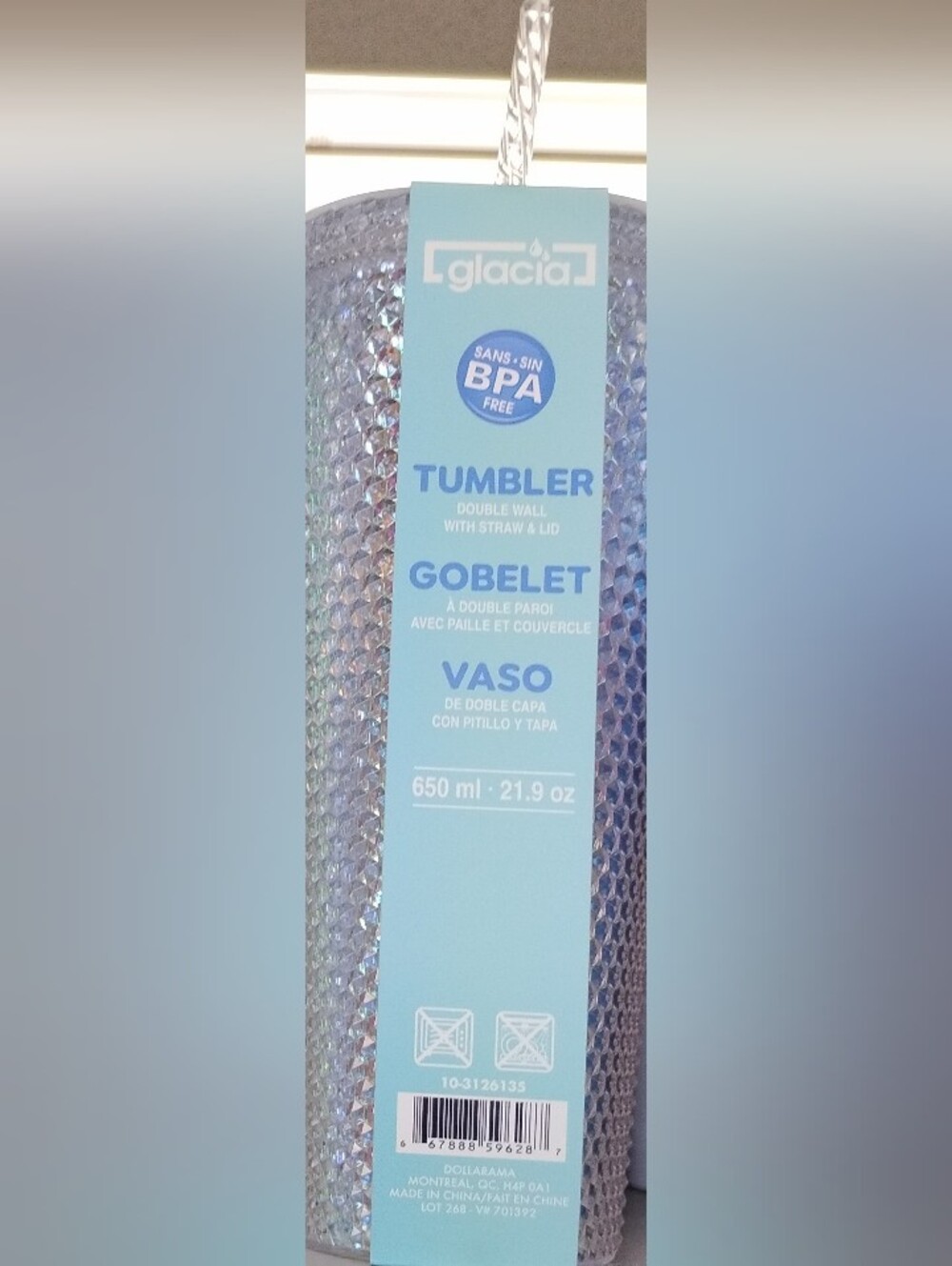 Iridescent Double Wall Tumbler with Straw & Lid - 650ml - Holographic Silver